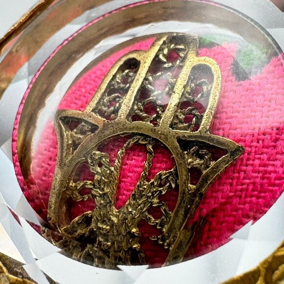 Silver Gold Vermeil Adjustable Hamsa Statement Ring Pink Textile Crystal Accent - Picture 10 of 12